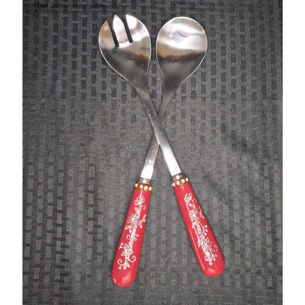 Temp-tations Ceramic Floral Lace Red Salad Serving Utensil Set Fork Spoon